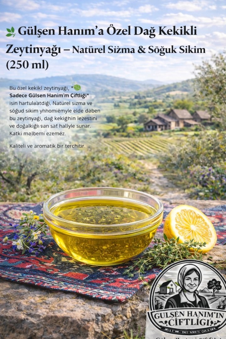 #100 - G&uuml;lşen Hanım&rsquo;a &Ouml;zel Dağ Kekikli Nat&uuml;rel Sızma Zeytinyağı (250 ml)