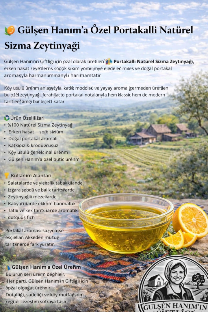 #101 - G&uuml;lşen Hanım&rsquo;a &Ouml;zel Portakallı Nat&uuml;rel Sızma Zeytinyağı (250 ml)